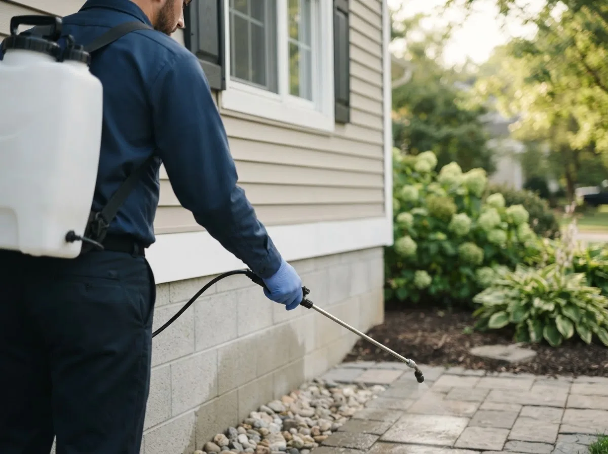 Pest control technician inspecting a home in Ceresco, NE